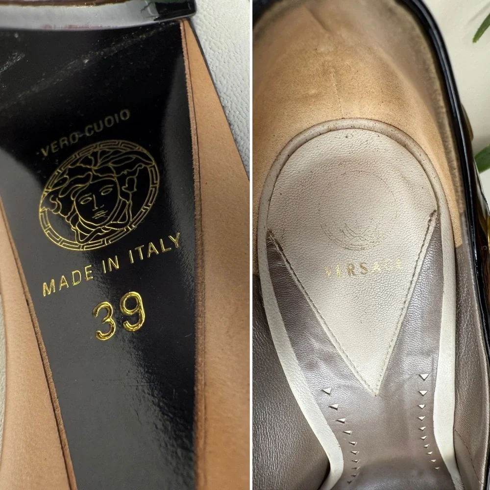 Versace White Nappa Leather Peep Toe Heels 39 Black Patent Gold Pumps DSL531R - Picture 12 of 15